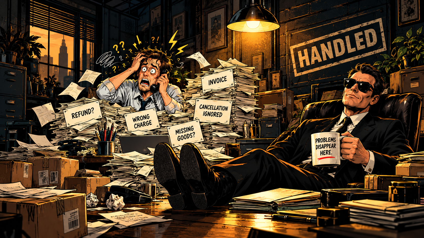 Noir comic scene contrasting a stressed small-business owner buried in unresolved supplier problems with a calm HANDLED fixer